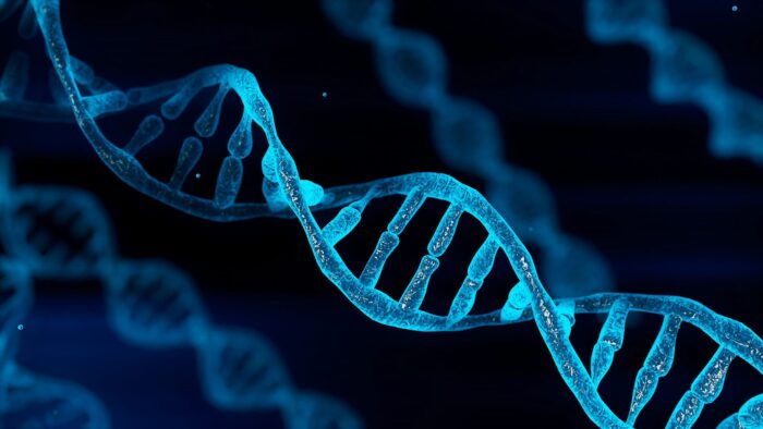 CGI closeup of double helix DNA.