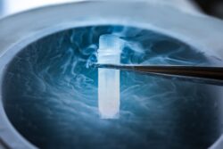 Sperm inside a test tube, being placed into a feezing chamber for sperm freezing therapy.